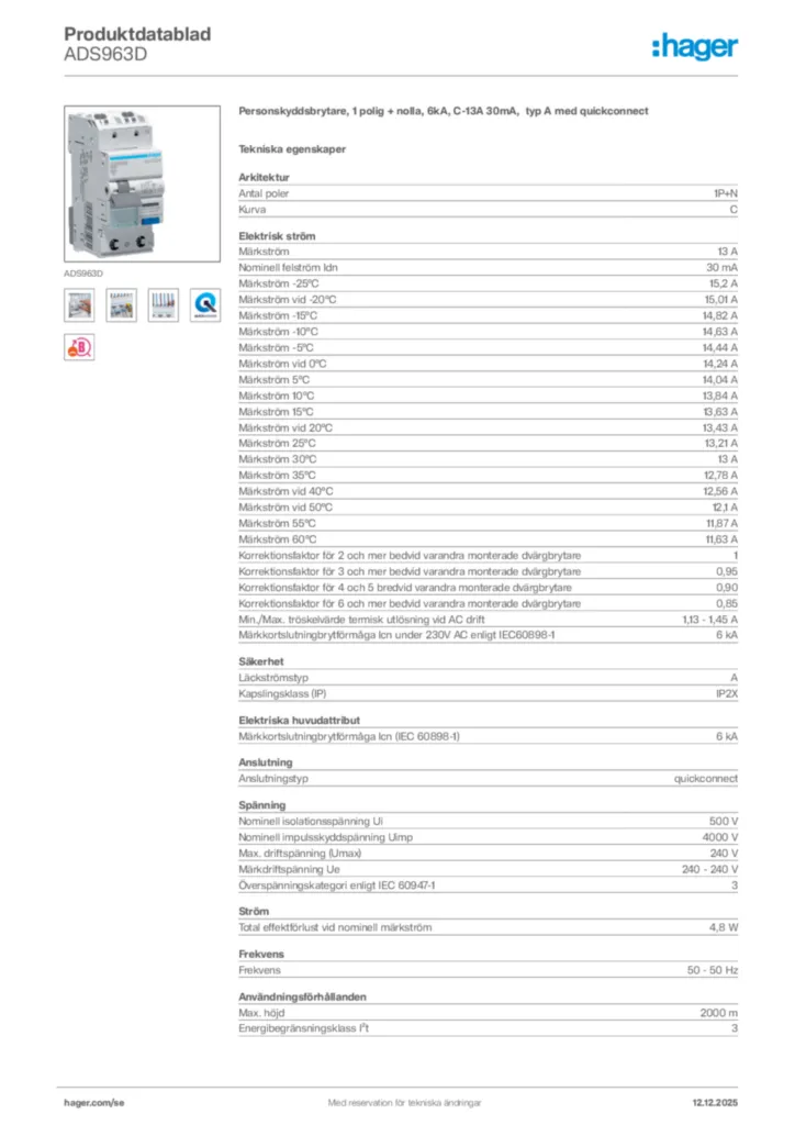 Bild Hager Produktdatablad ADS963D | Hager Sverige
