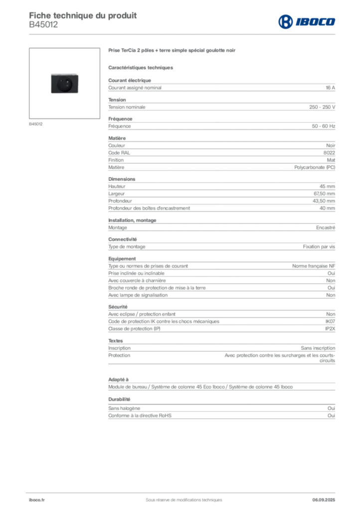 Image Iboco Fiche technique du produit B45012 | Hager France