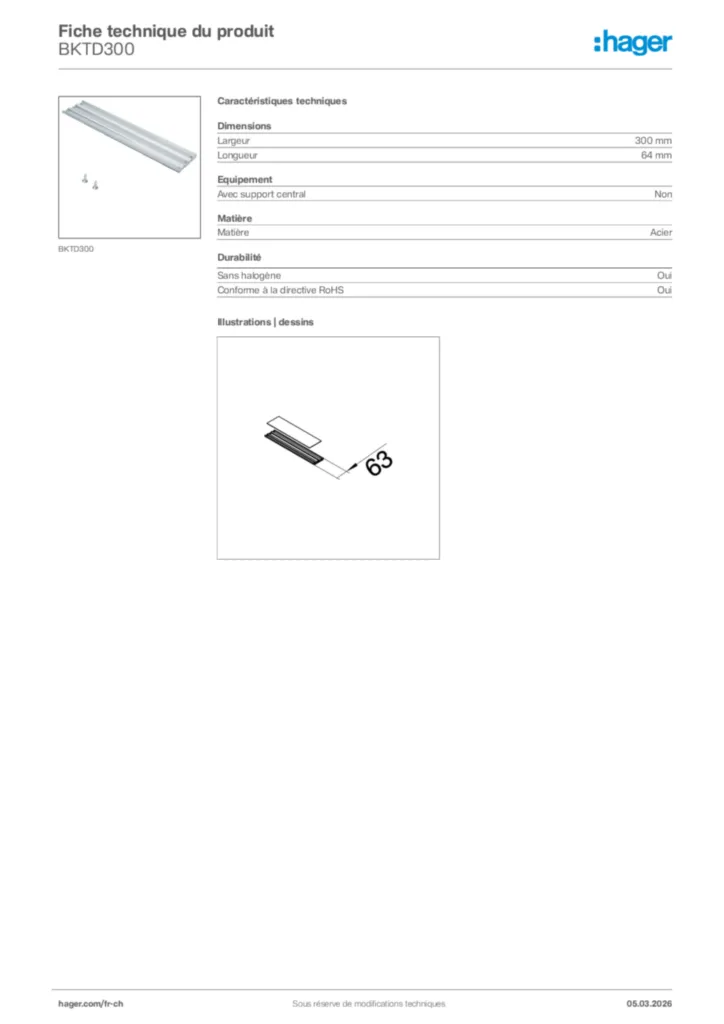 Image Hager Fiche technique du produit BKTD300 | Hager Suisse