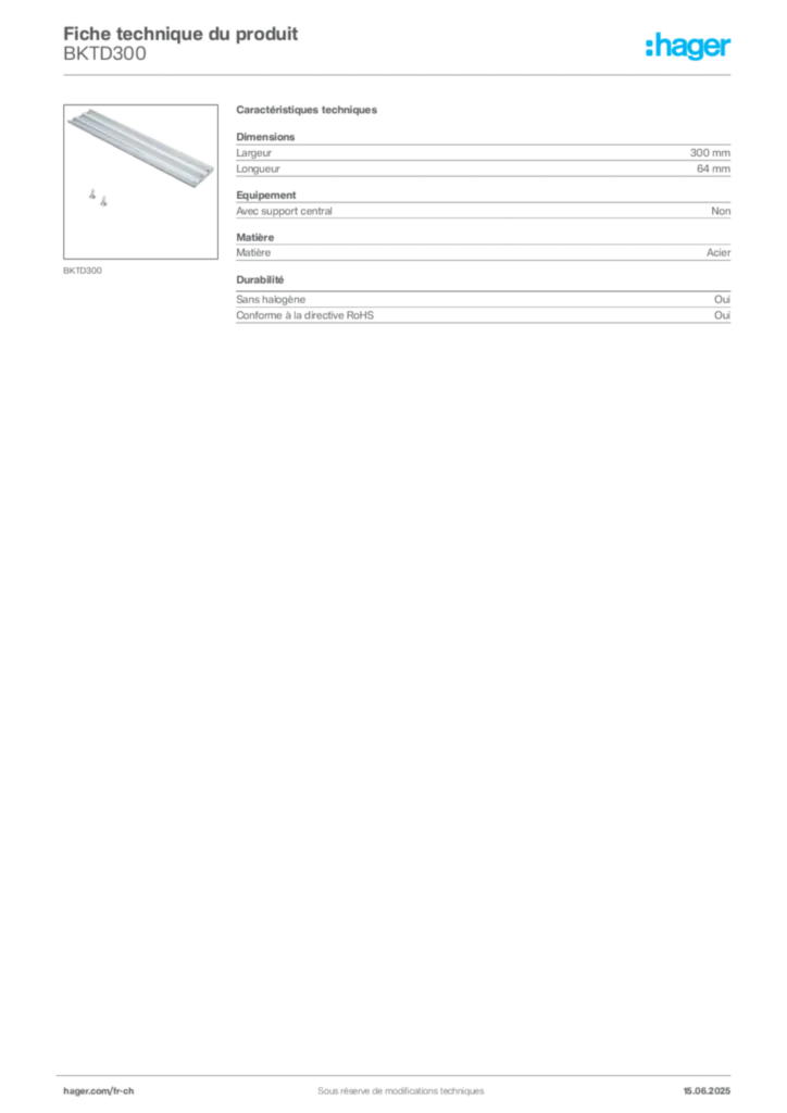 Image Hager Fiche technique du produit BKTD300 | Hager Suisse