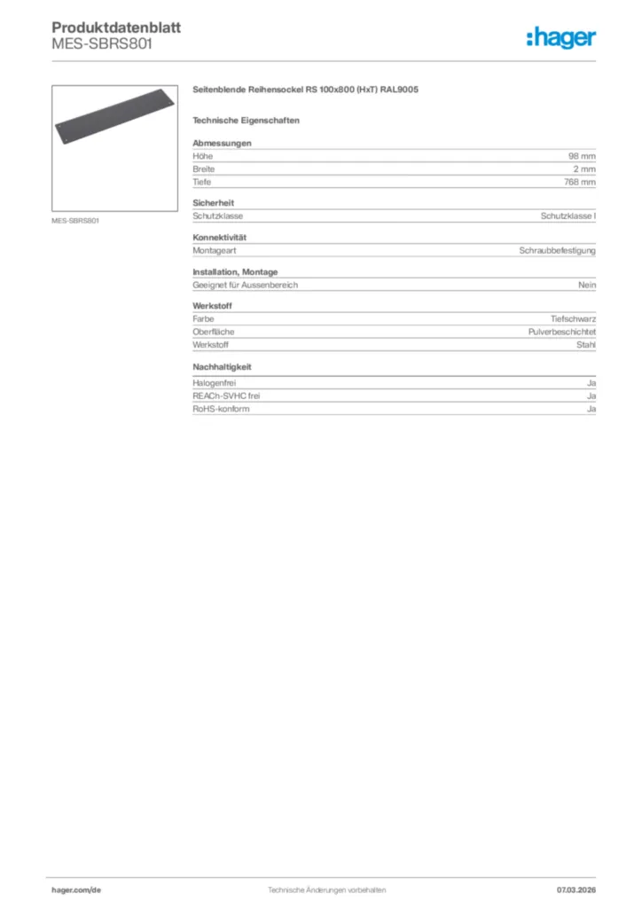 Bild Hager Produktdatenblatt MES-SBRS801 | Hager Deutschland