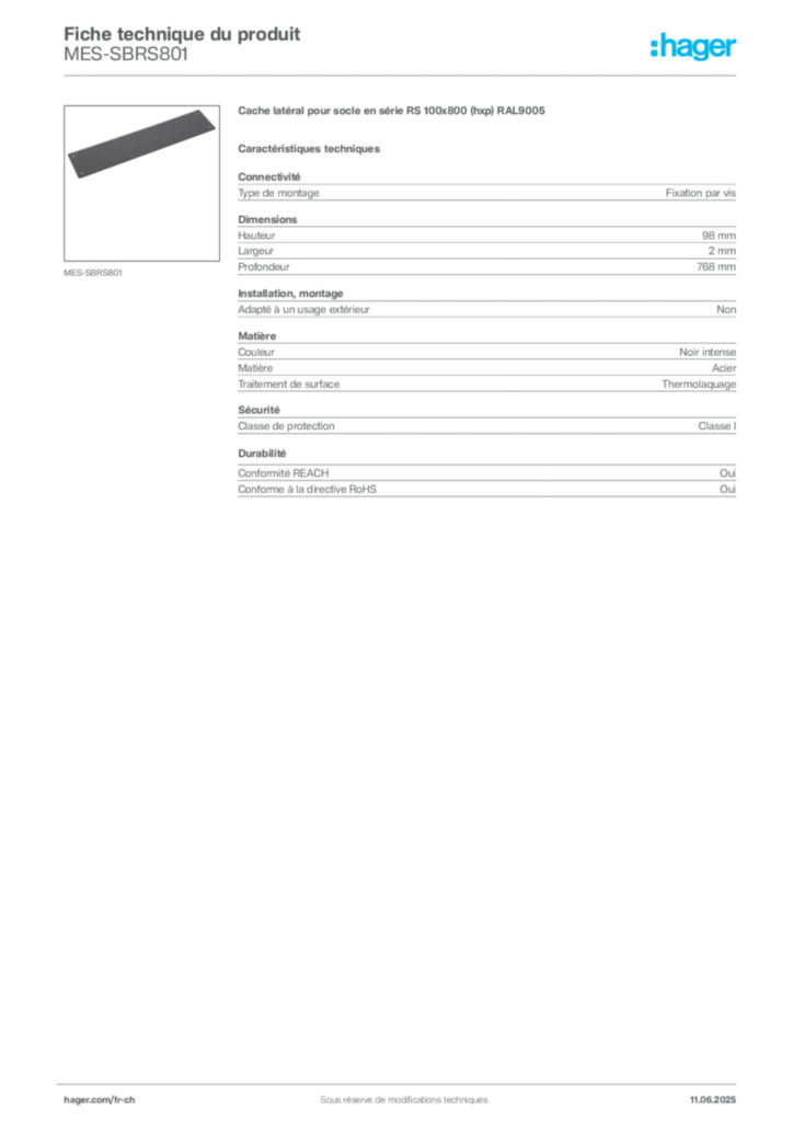 Image Hager Fiche technique du produit MES-SBRS801 | Hager Suisse