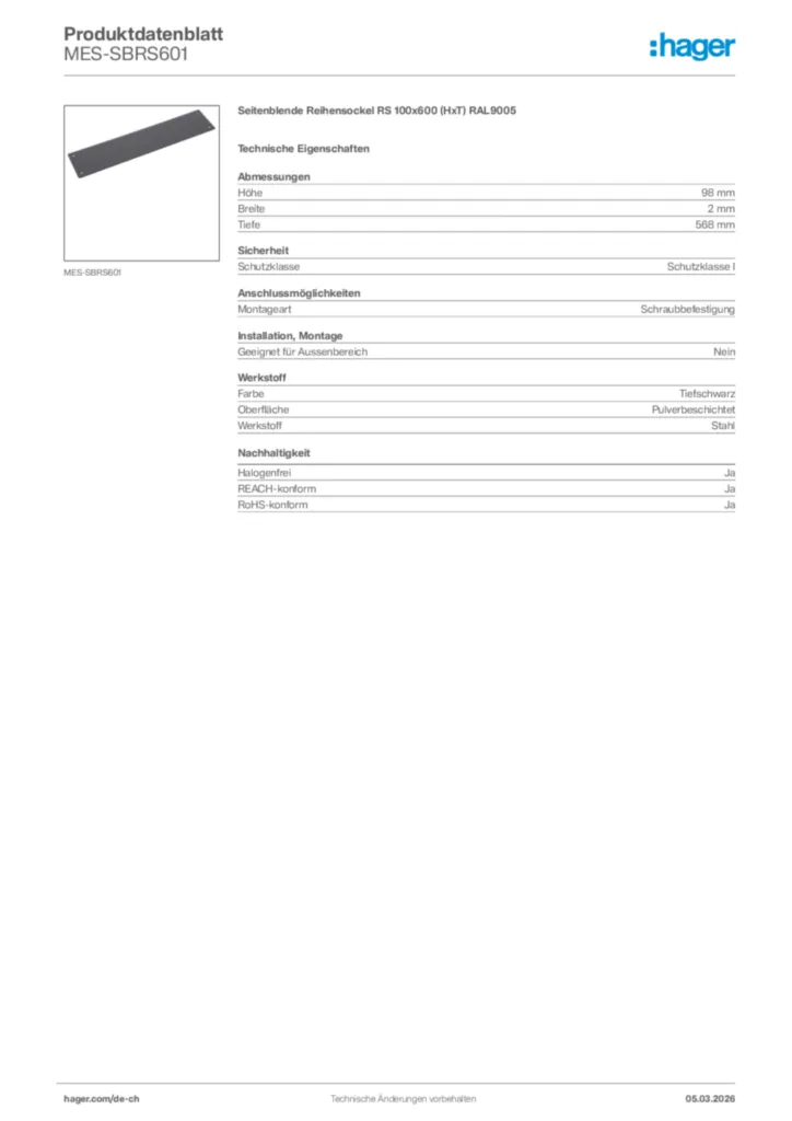 Bild Hager Produktdatenblatt MES-SBRS601 | Hager Schweiz