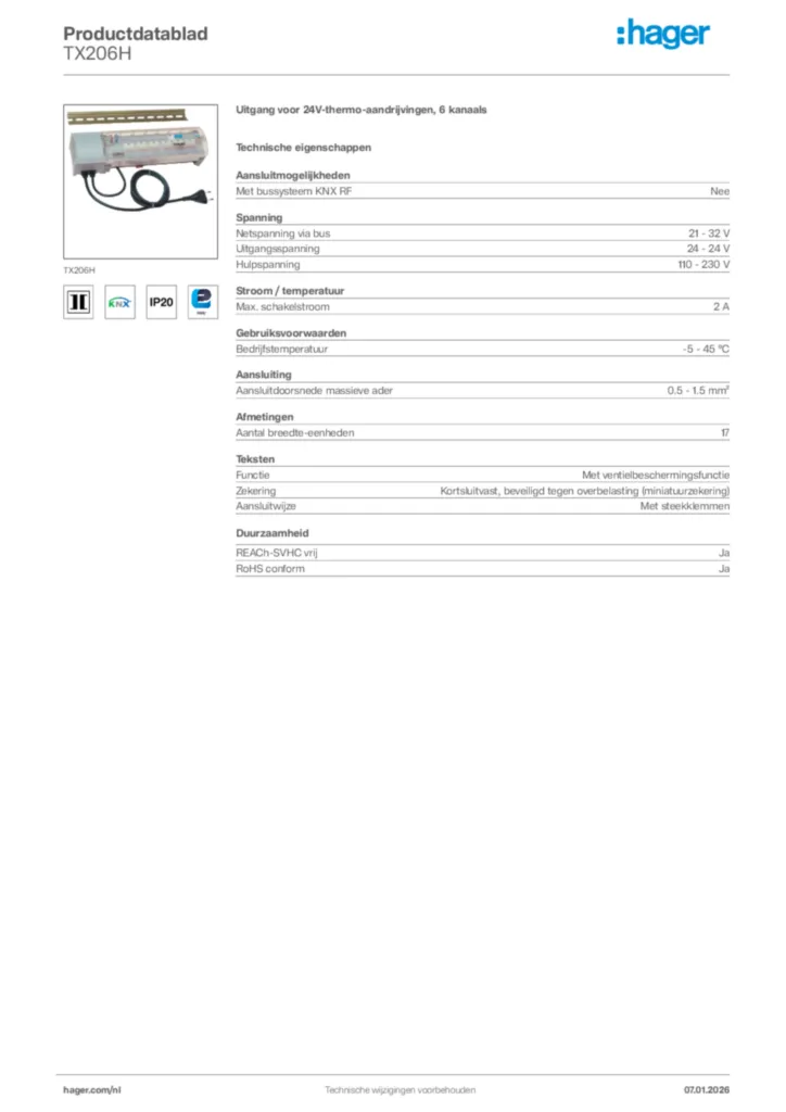 Afbeelding Hager Productdatablad TX206H | Hager Nederland