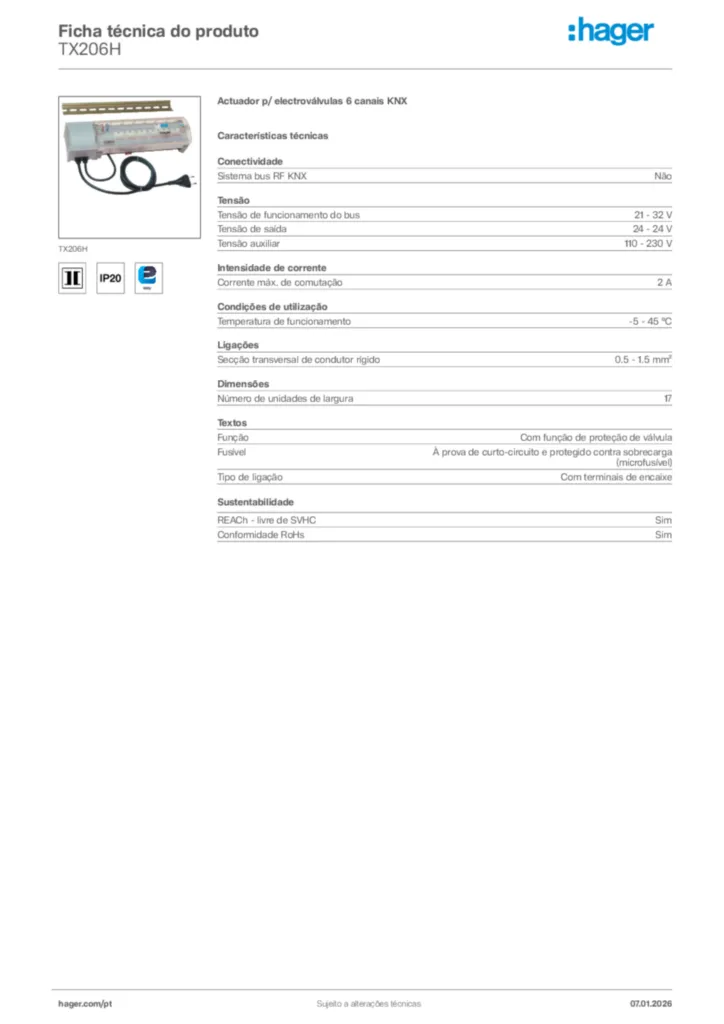 Imagem Hager Ficha técnica do produto TX206H | Hager Portugal