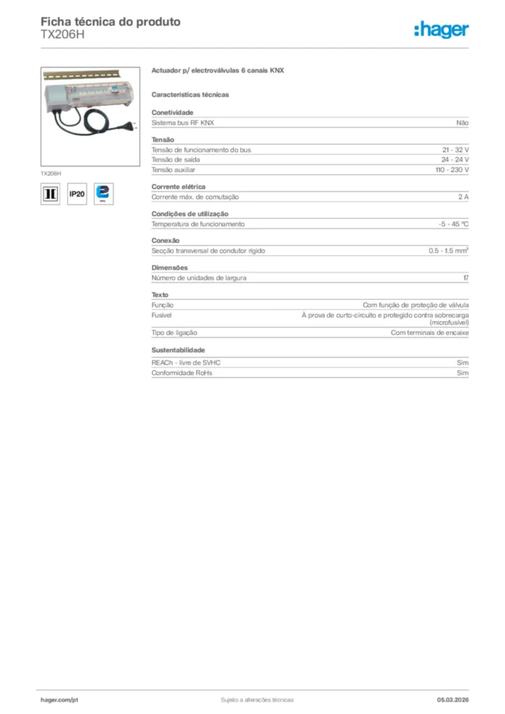 Imagem Hager Ficha técnica do produto TX206H | Hager Portugal