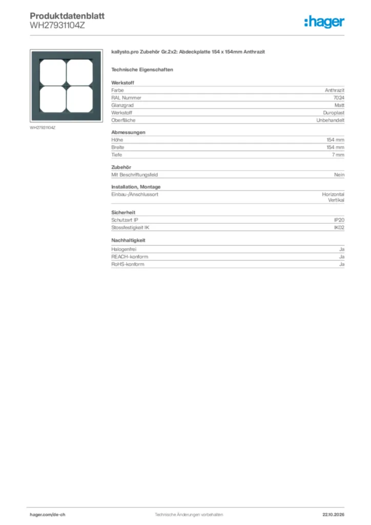 Bild Hager Produktdatenblatt WH27931104Z | Hager Schweiz