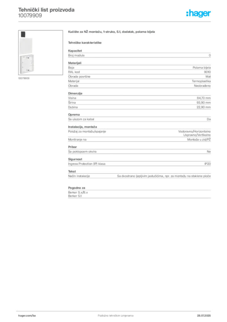 Slika Hager Product data sheet 10079909  | Hager