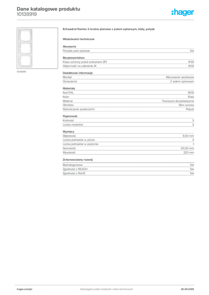 Zdjęcie Hager Karta katalogowa 10138919 | Hager Polska