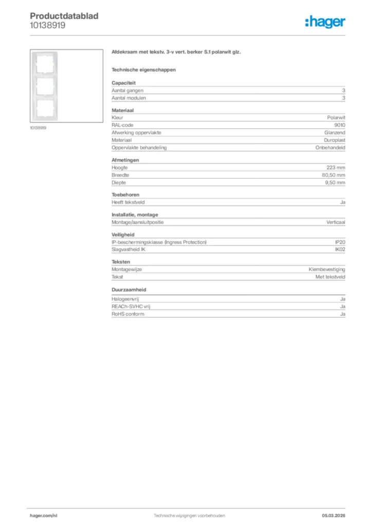 Afbeelding Hager Productdatablad 10138919 | Hager Nederland