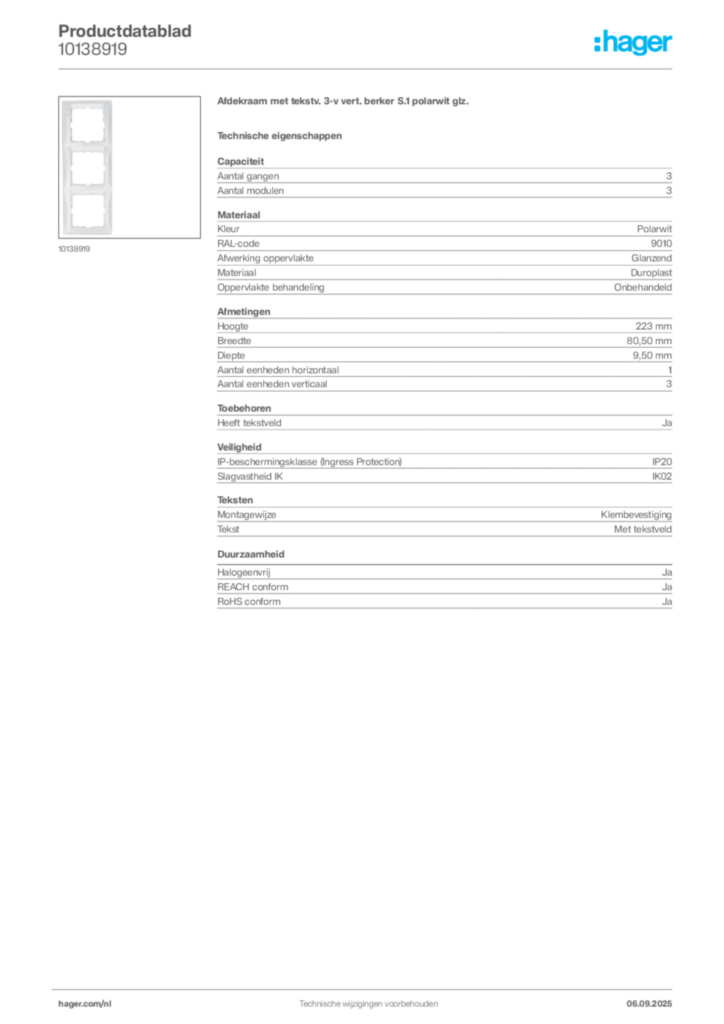 Afbeelding Hager Productdatablad 10138919 | Hager Nederland