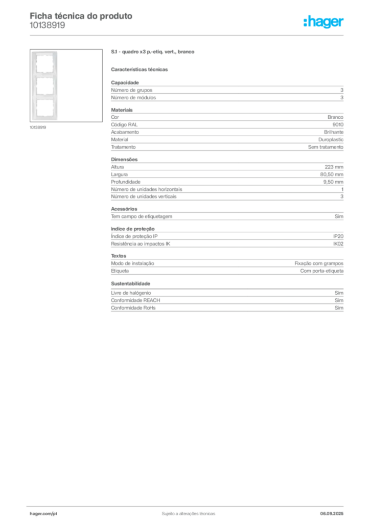 Imagem Hager Ficha técnica do produto 10138919 | Hager Portugal