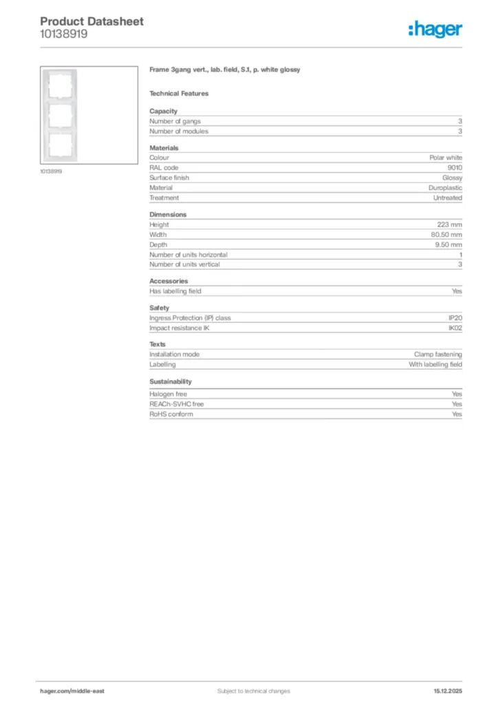 Image Hager Product data sheet 10138919  | Hager