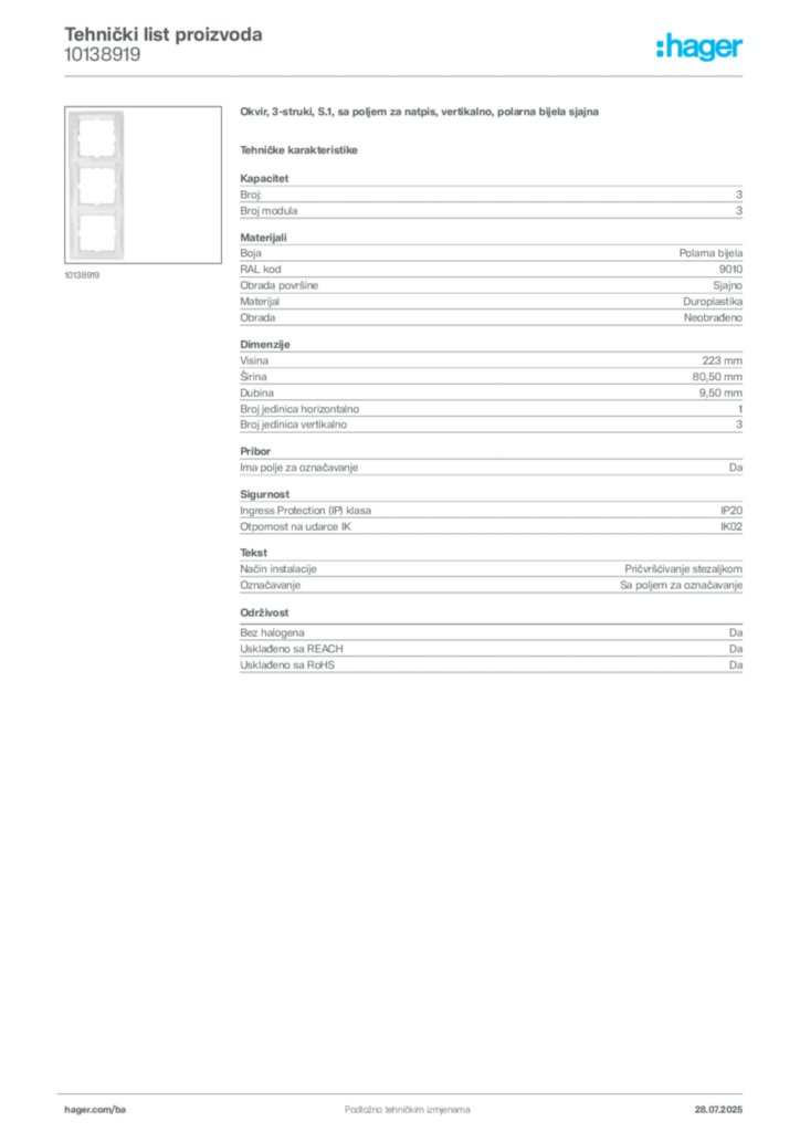 Slika Hager Product data sheet 10138919  | Hager