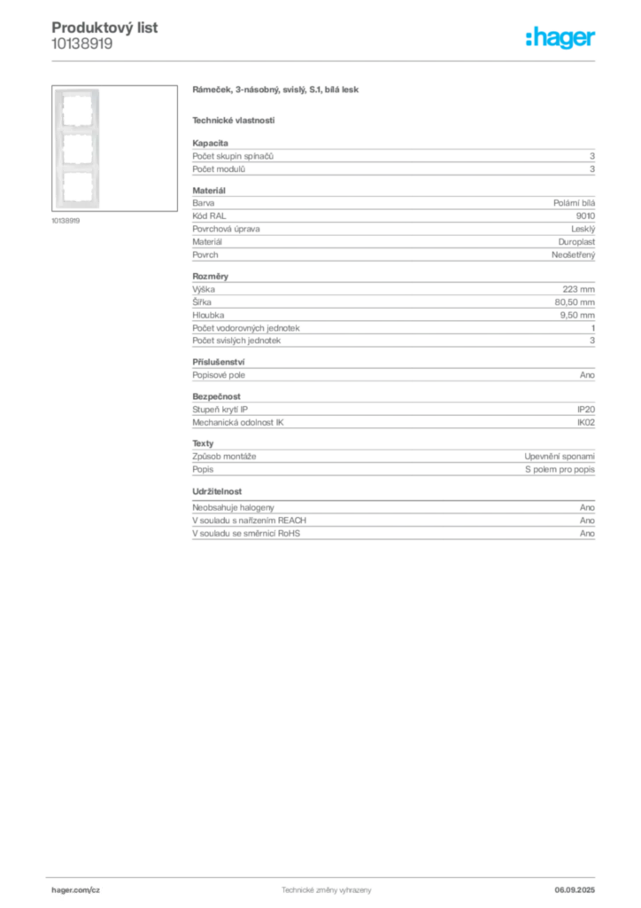 Obrázek Hager Produktový list 10138919 | Hager