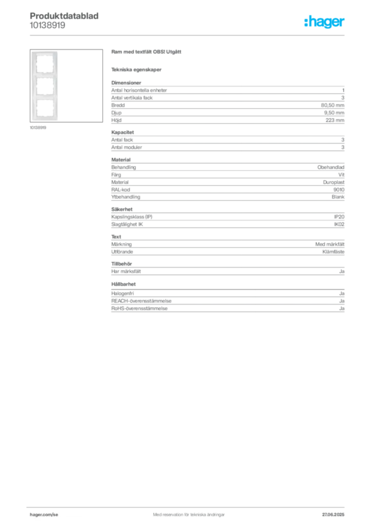 Bild Hager Produktdatablad 10138919 | Hager Sverige