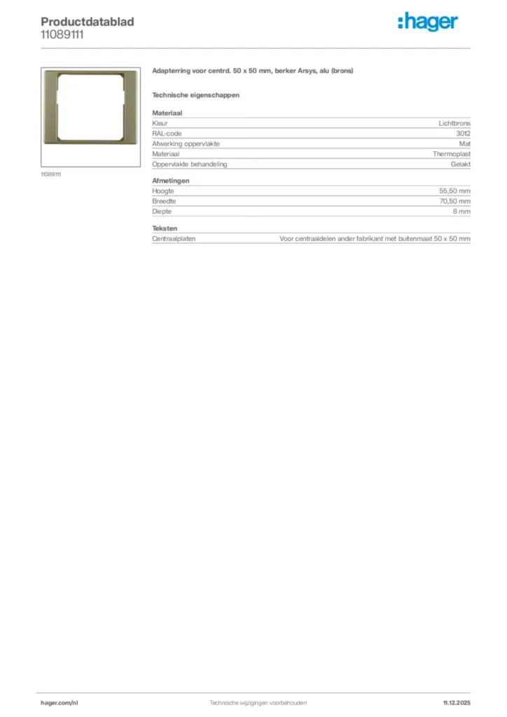 Afbeelding Hager Productdatablad 11089111 | Hager Nederland