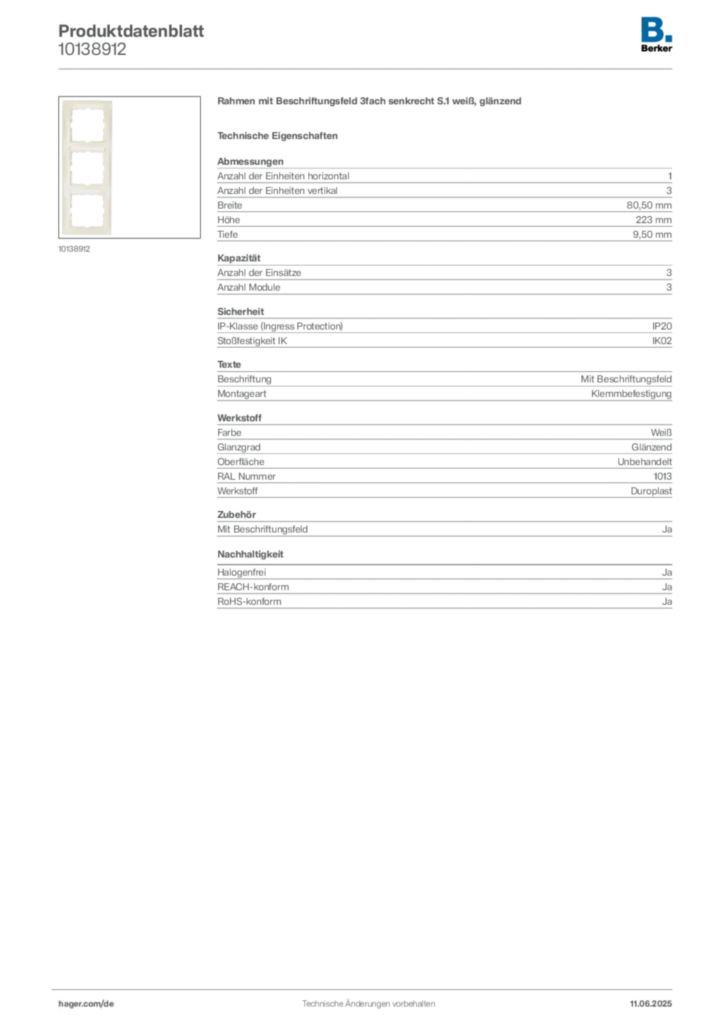 Bild Berker Produktdatenblatt 10138912 | Hager Deutschland