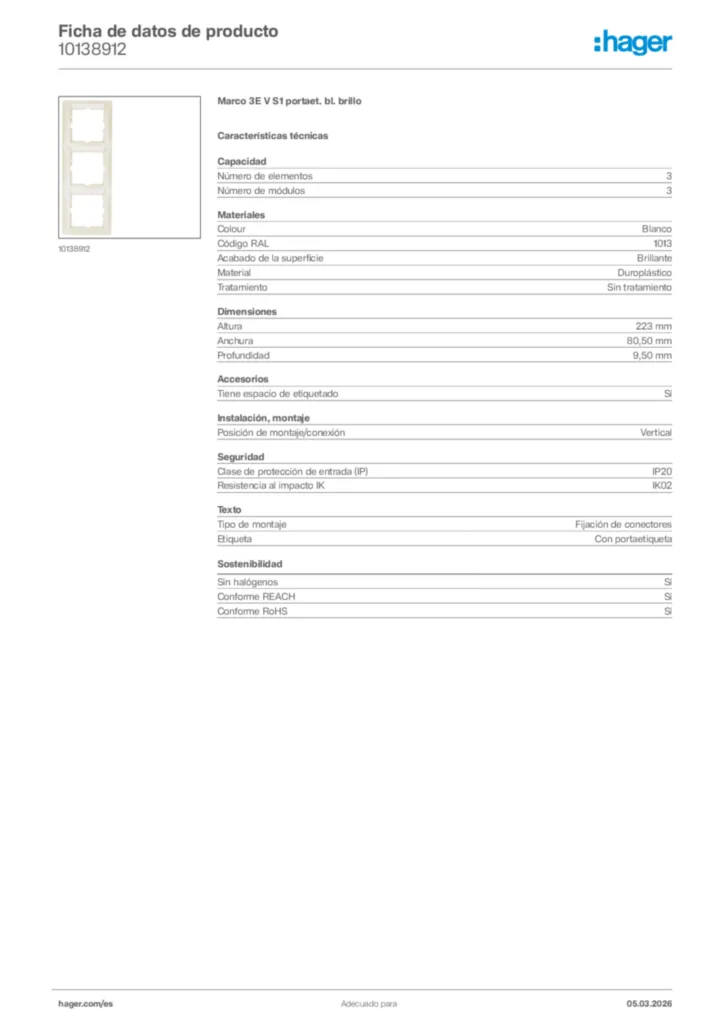 Imagen Hager Ficha de datos de producto 10138912 | Hager España
