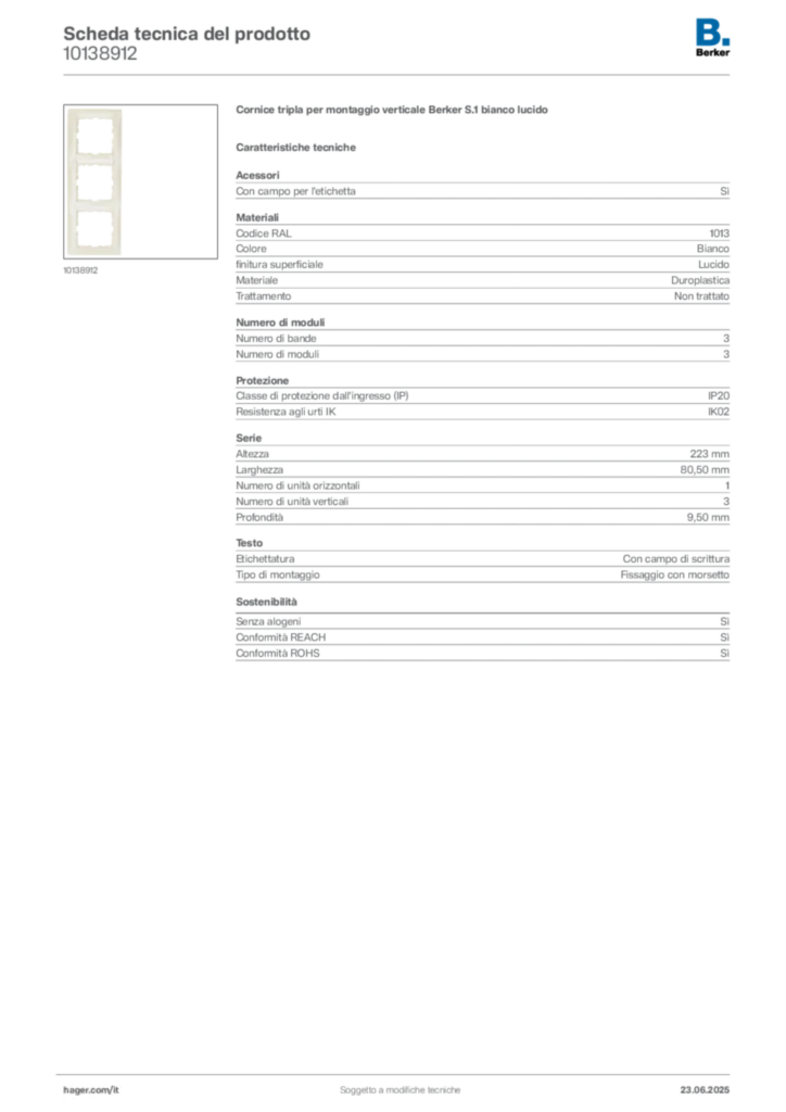 Immagine Berker Scheda tecnica del prodotto 10138912 | Hager Italia