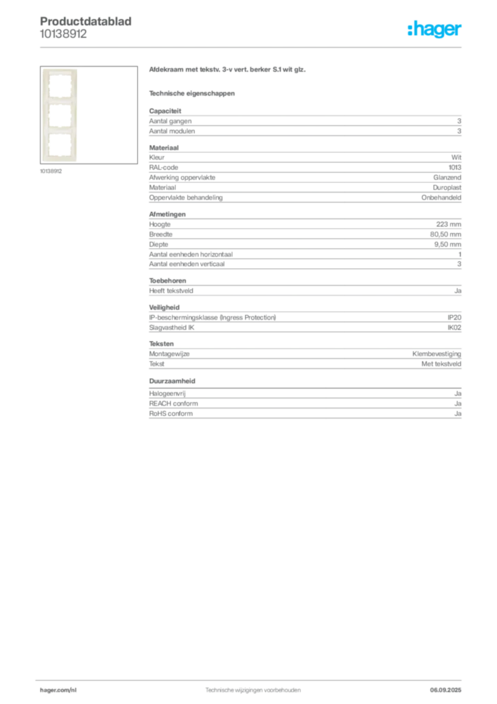 Afbeelding Hager Productdatablad 10138912 | Hager Nederland