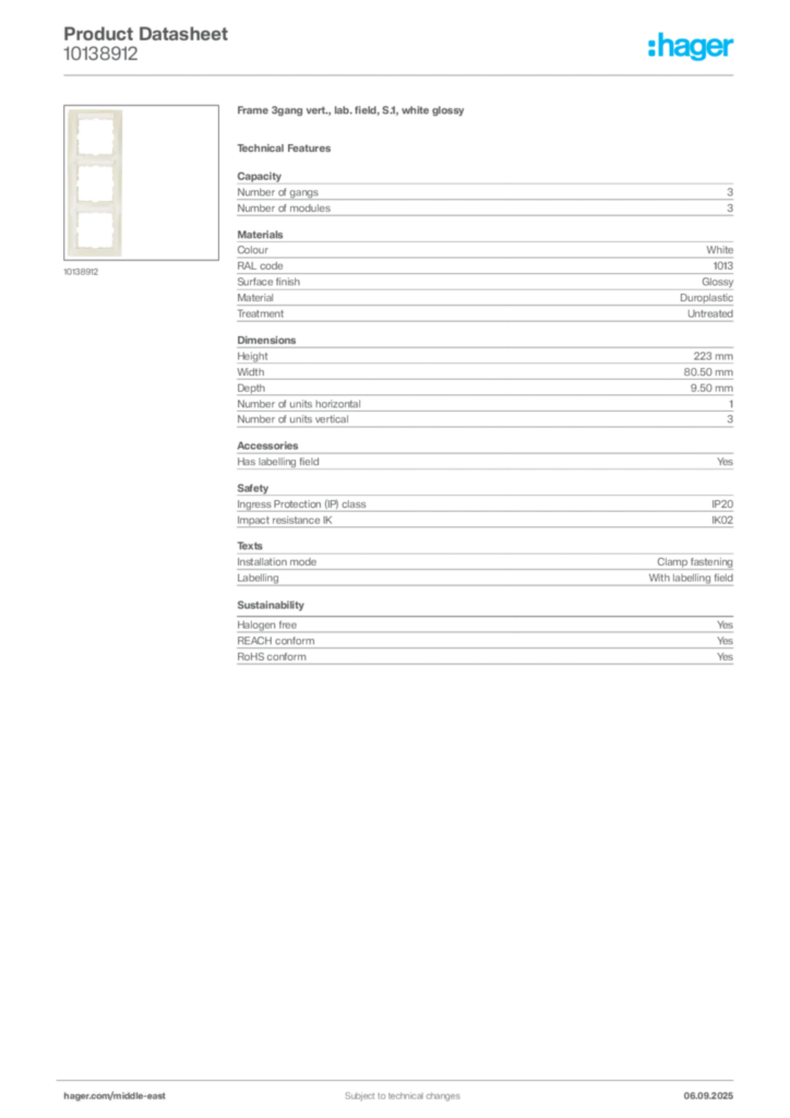 Image Hager Product data sheet 10138912  | Hager