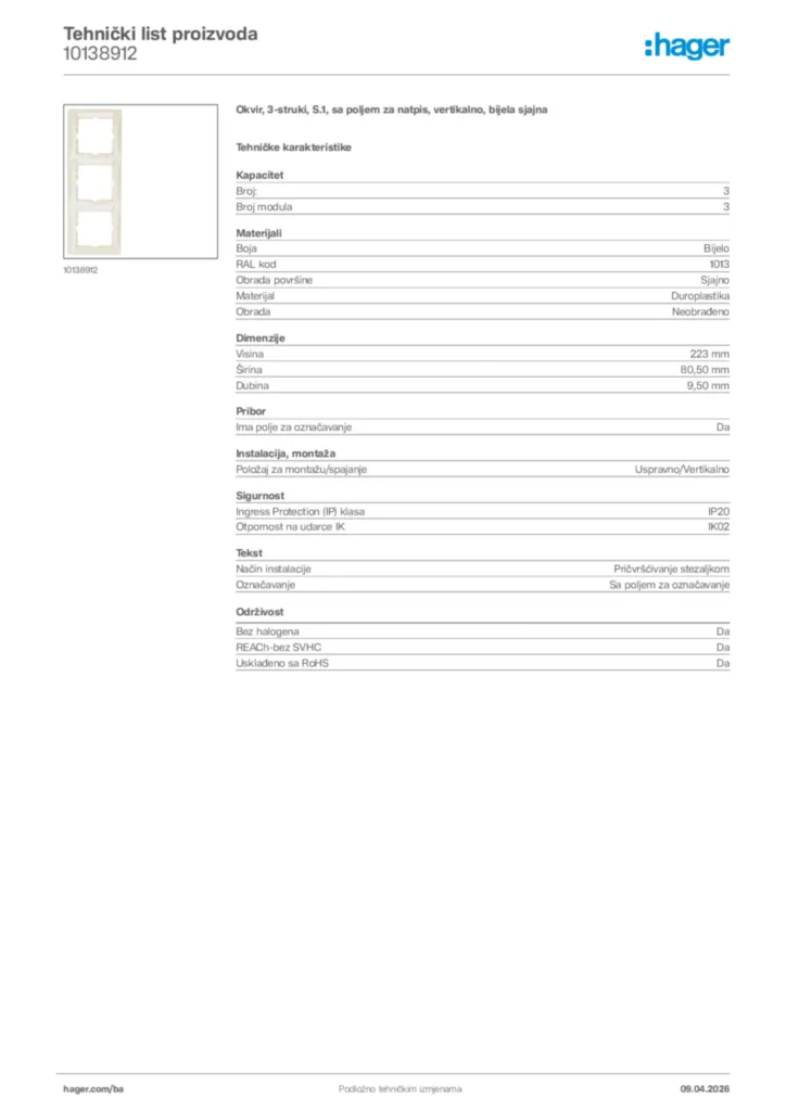Slika Hager Tehnički list proizvoda 10138912  | Hager