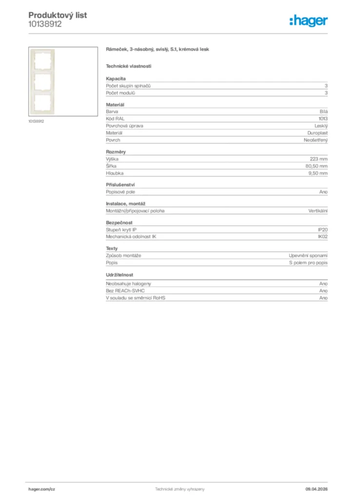 Obrázek Hager Product data sheet 10138912 | Hager