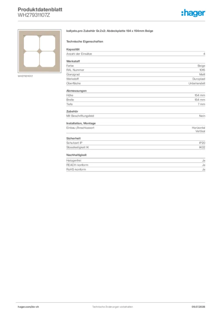 Bild Hager Produktdatenblatt WH27931107Z | Hager Schweiz