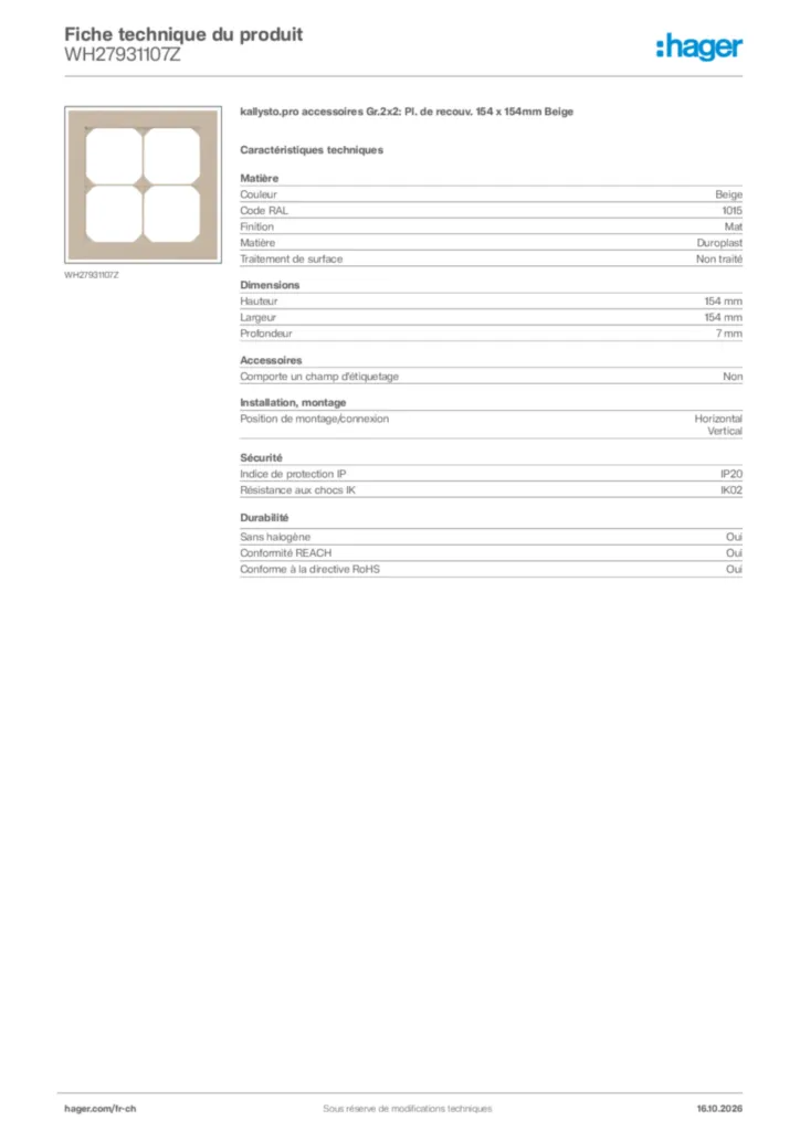 Image Hager Fiche technique du produit WH27931107Z | Hager Suisse