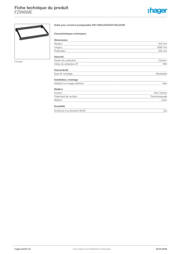 Image Hager Fiche technique du produit FZ916WE | Hager Suisse