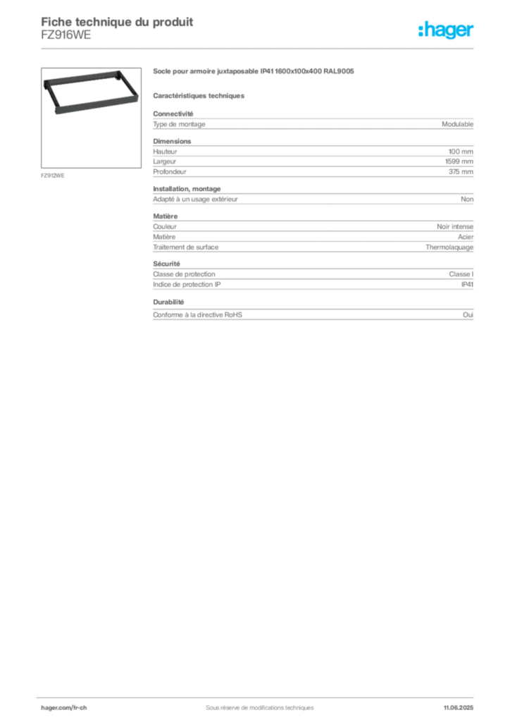 Image Hager Fiche technique du produit FZ916WE | Hager Suisse