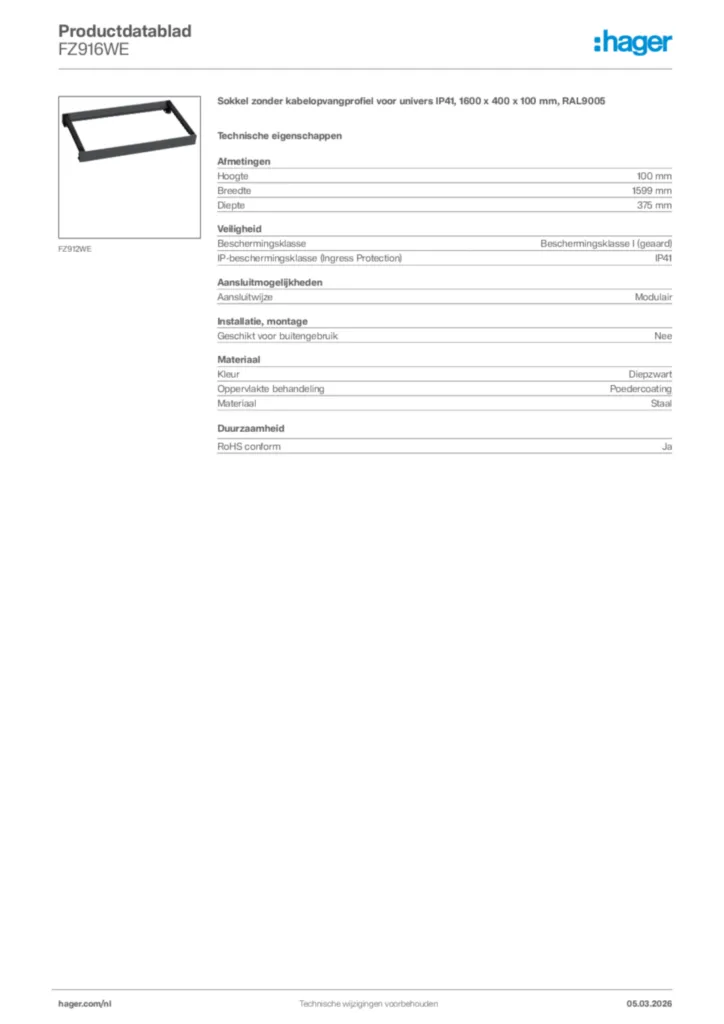 Afbeelding Hager Productdatablad FZ916WE | Hager Nederland
