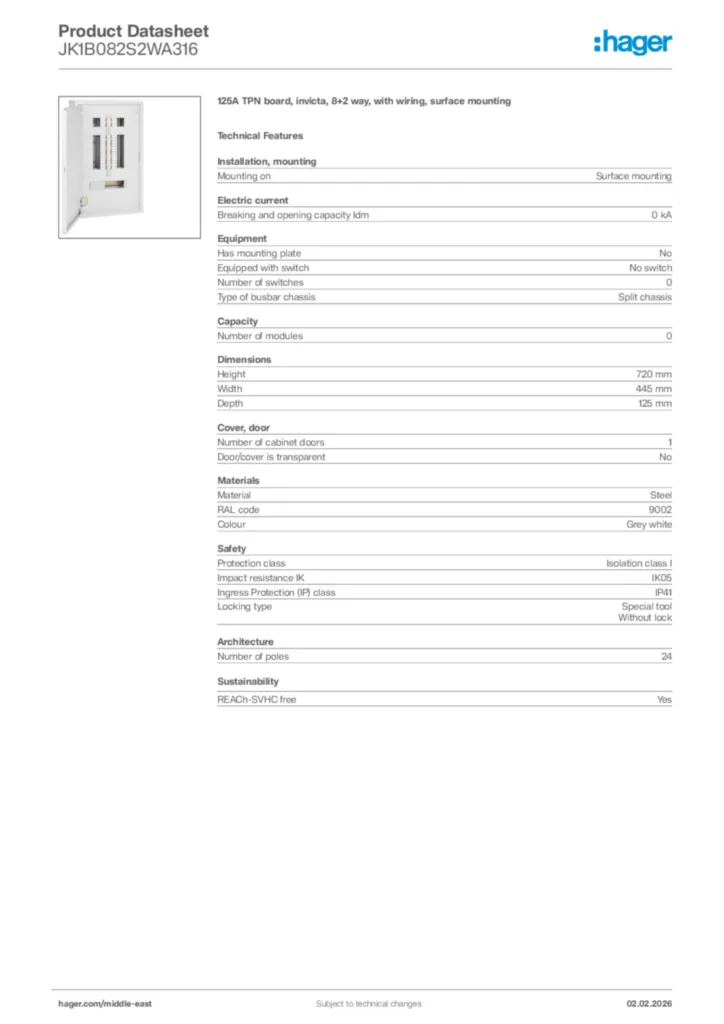 Image Hager Product data sheet JK1B082S2WA316  | Hager