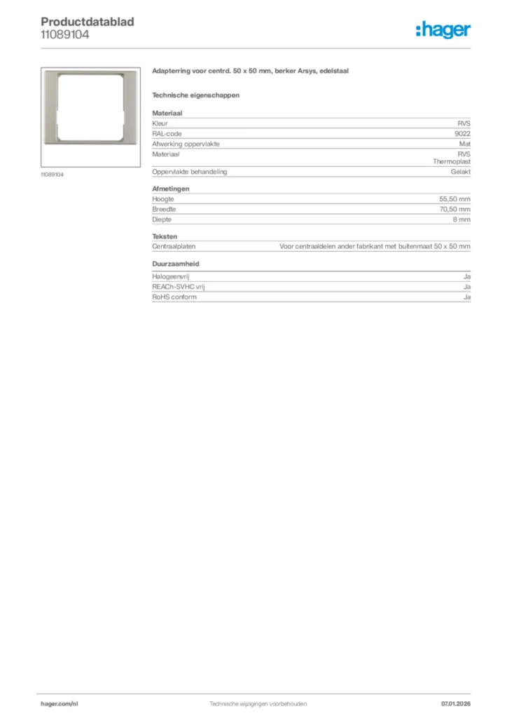 Afbeelding Hager Productdatablad 11089104 | Hager Nederland