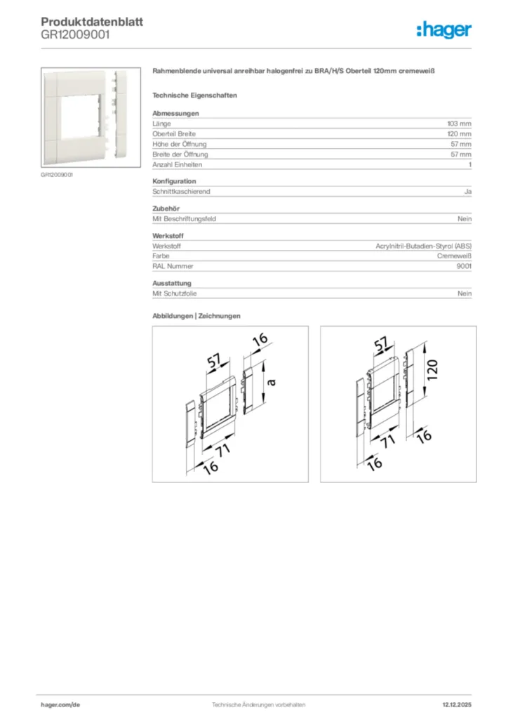 Bild Hager Produktdatenblatt GR12009001 | Hager Deutschland