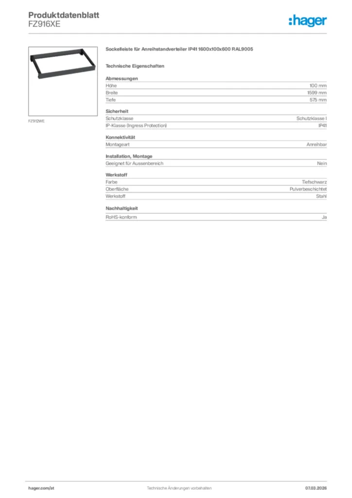 Bild Hager Produktdatenblatt FZ916XE | Hager Deutschland