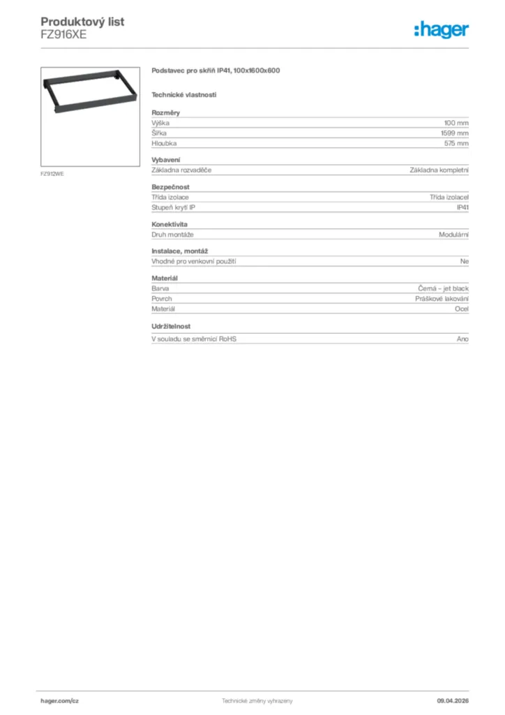 Obrázek Hager Product data sheet FZ916XE | Hager