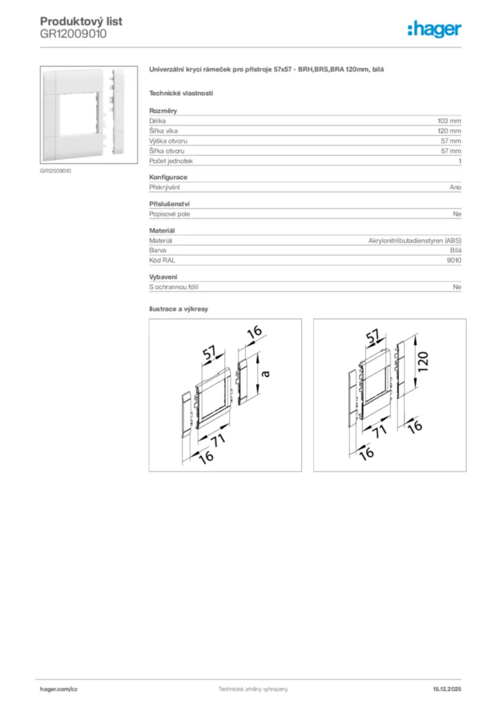 Obrázek Hager Produktový list GR12009010 | Hager