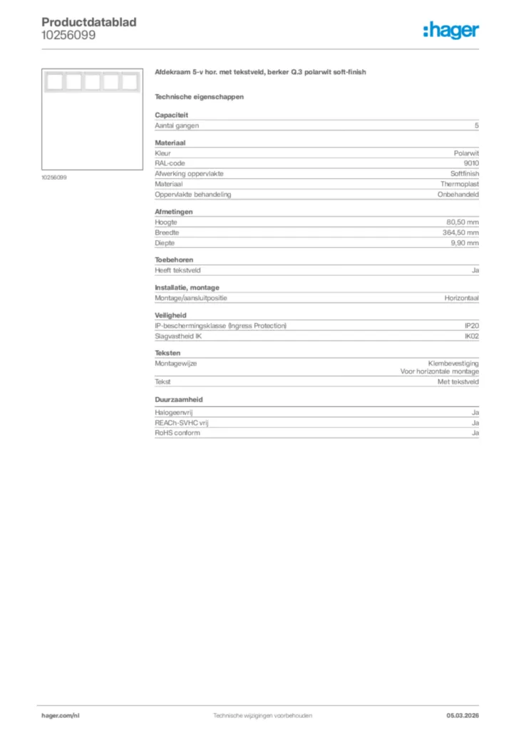 Afbeelding Hager Productdatablad 10256099 | Hager Nederland