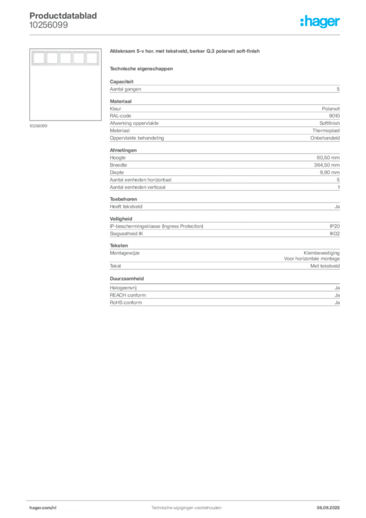 Afbeelding Hager Productdatablad 10256099 | Hager Nederland