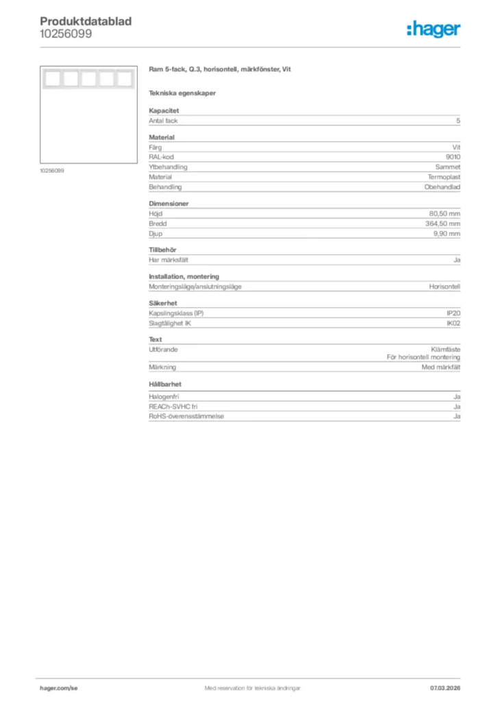 Bild Hager Produktdatablad 10256099 | Hager Sverige