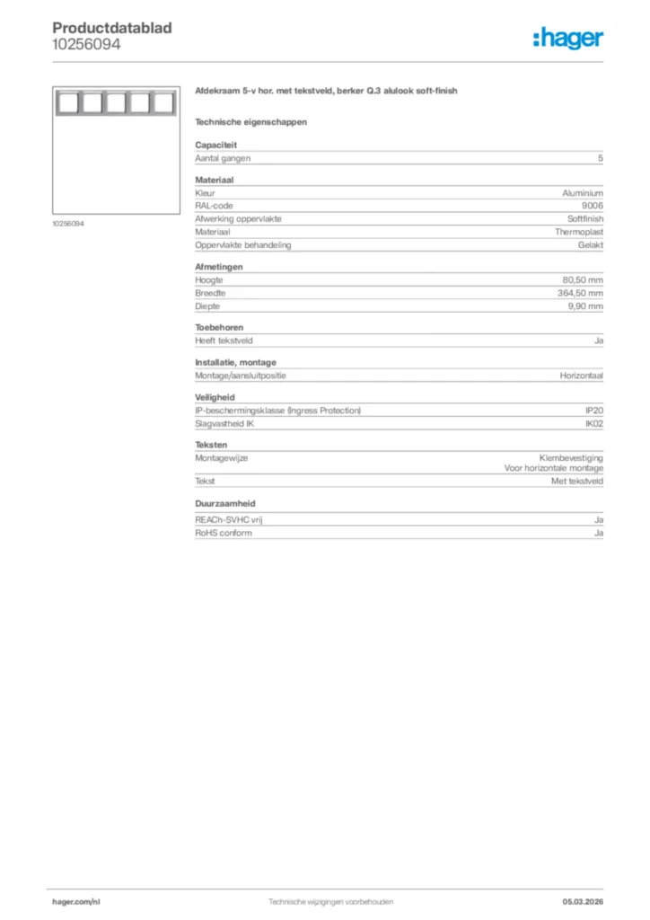 Afbeelding Hager Productdatablad 10256094 | Hager Nederland