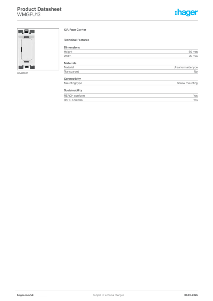 Image Hager Product data sheet WMGFU13  | Hager