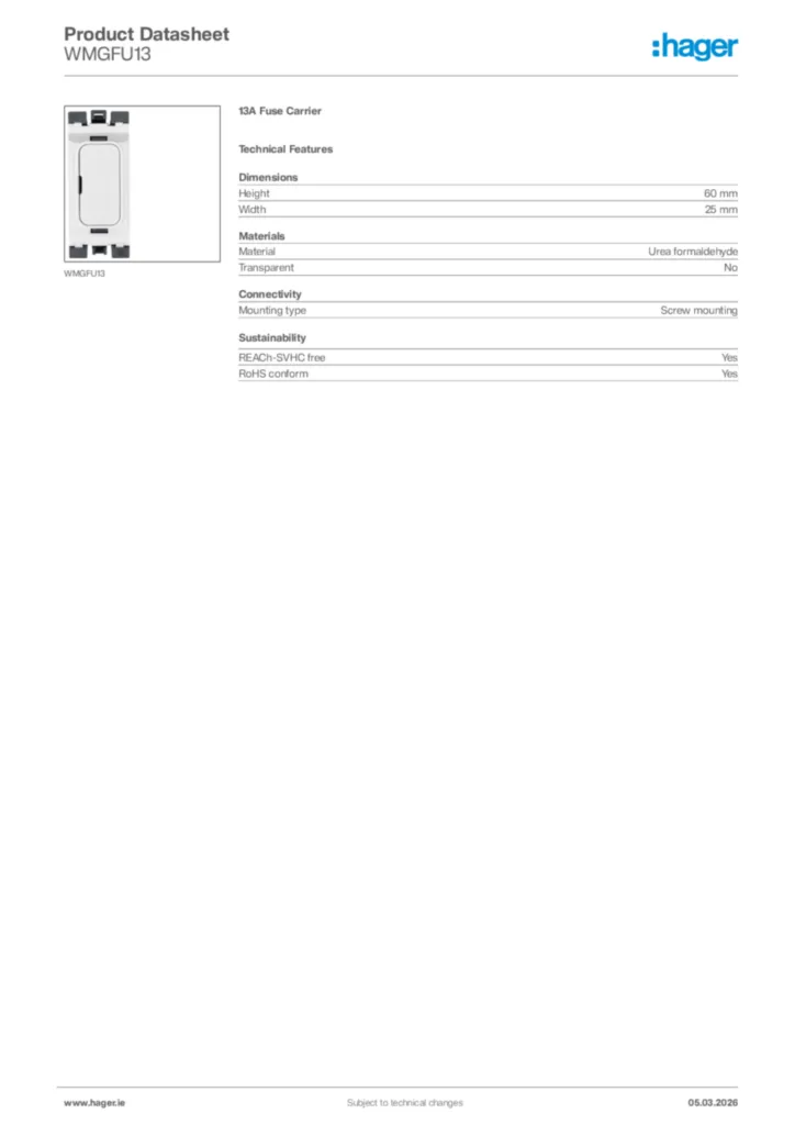 Image Hager Product data sheet WMGFU13  | Hager