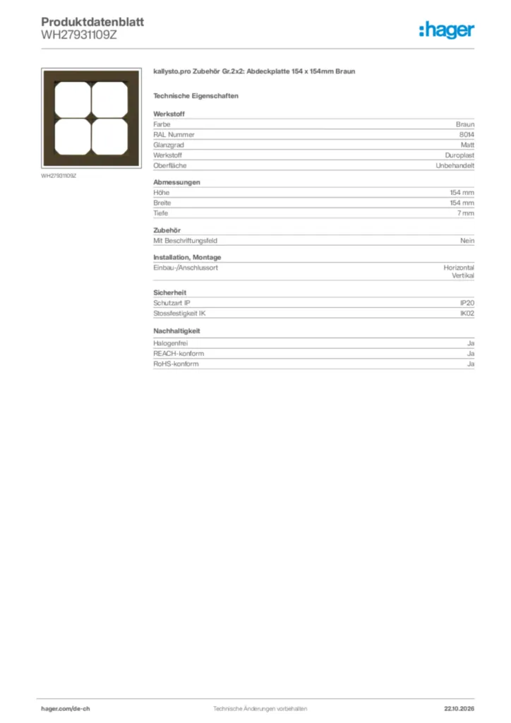 Bild Hager Produktdatenblatt WH27931109Z | Hager Schweiz