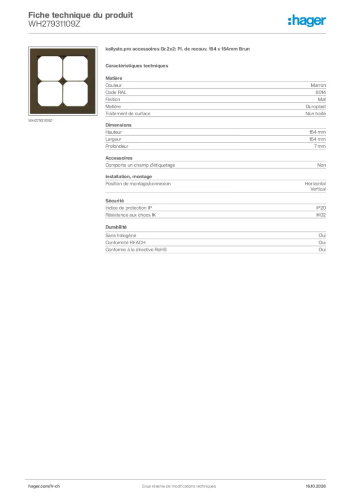 Image Hager Fiche technique du produit WH27931109Z | Hager Suisse
