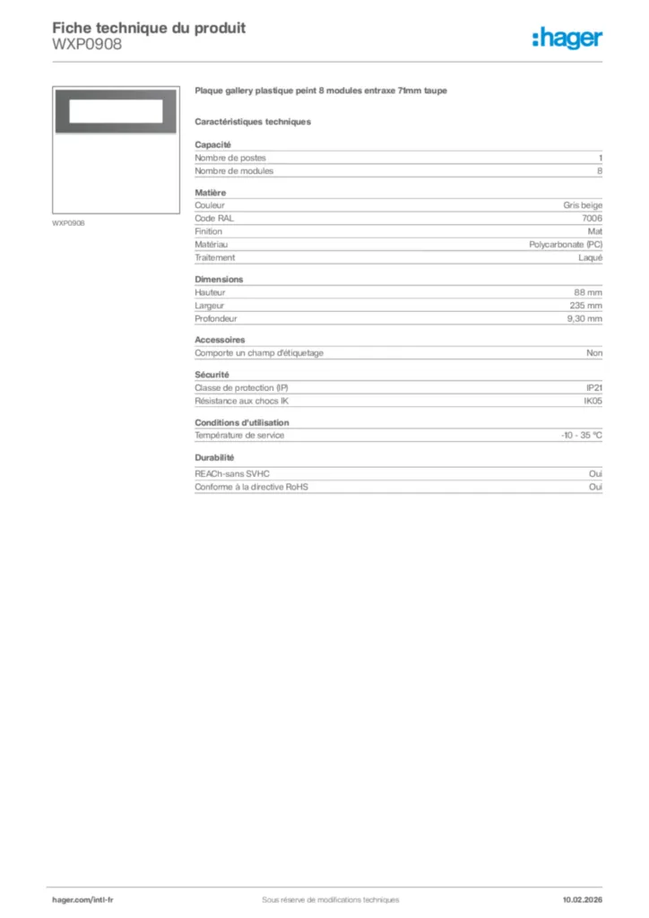 Image Hager Fiche technique du produit WXP0908 | Hager Afrique
