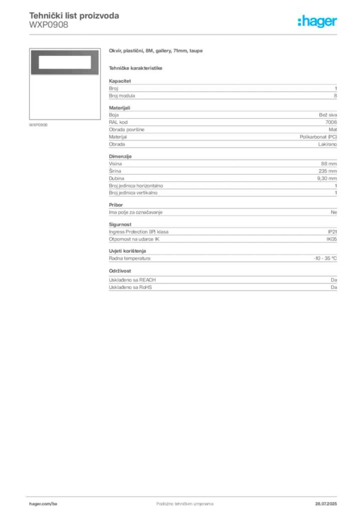 Slika Hager Product data sheet WXP0908  | Hager