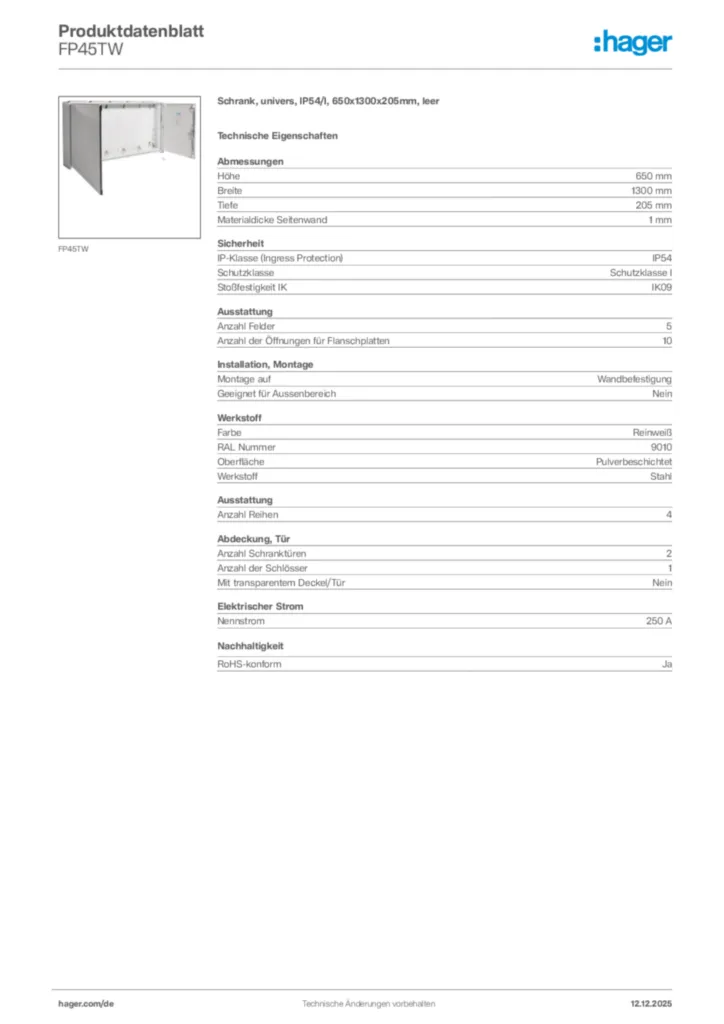 Bild Hager Produktdatenblatt FP45TW | Hager Deutschland